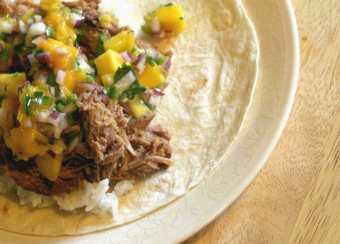 This is the culimation of all the cooking from this week; the Slow-Cooked Cuban Pork with FMC Mango Salsa and steamed jasmine rice on flour tortillas.  And when you eat this life is very, very good.