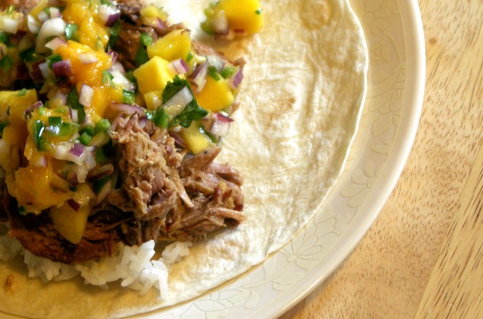 Cuban Pork and FMC Mango Salsa with rice on a tortilla. Not pictured? The Spicy Black Beans...