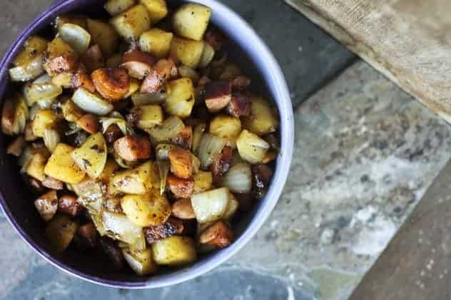 Kielbasa, Apple and Onion Stir-fry with Mini Puff Pancakes