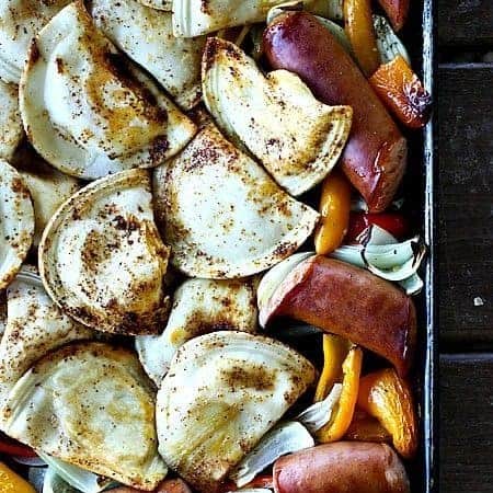 Kielbasa and Pierogie Sheet Pan Meall at www.foodiewithfamily.com