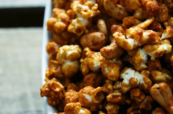 Cashew Maple Caramel Corn made with or without bourbon from foodiewithfamily.com