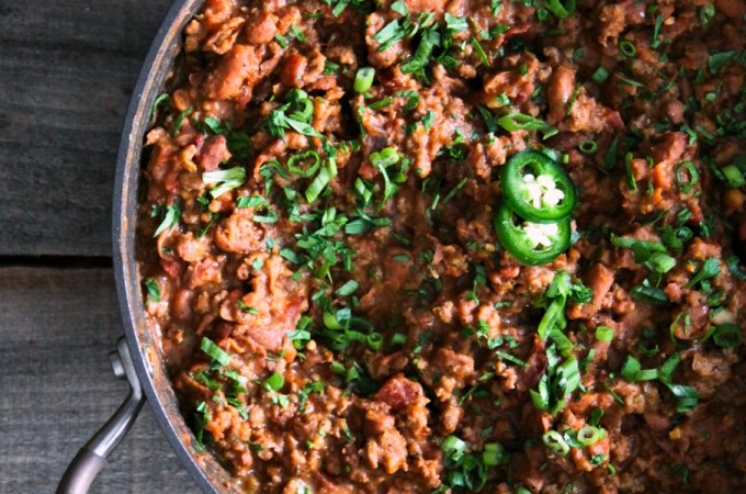 Tex Mex Mash: smashed pinto beans, seasoned browned ground beef, and crispy bacon simmered in a garlicky, chipotle tomato sauce from foodiewithfamily.com