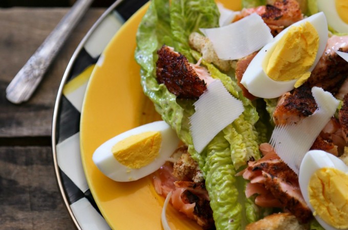 Blackened Salmon Caesar Salad hard boiled eggs Parmesan from foodiewithfamily.com