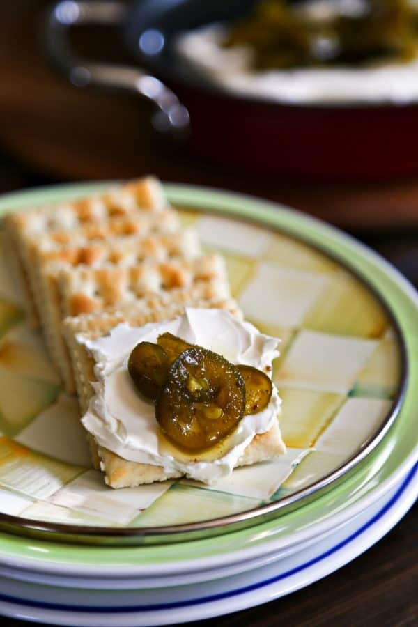 Candied Jalapenos a.k.a. Cowboy Candy or Sweet Pickled Jalapeños 4 Candied Jalapenos on cream cheese and crackers from foodiewithfamily.com