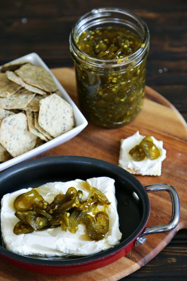 Candied Jalapenos on cream cheese and crackers from foodiewithfamily.com