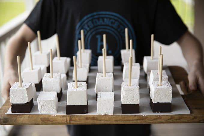 Hot Chocolate on a Stick: This creamy chocolate fudge topped with marshmallow can be left in its pure form and nibbled, or swirled through hot milk for decadent hot chocolate. 