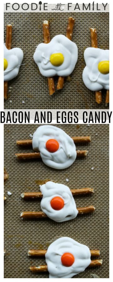 Super cute Bacon and Eggs Candy is done in about five minutes and only requires three ingredients. Tuck some into Easter baskets or surprise your favorite sweet-tooth with a plate of these tonight.