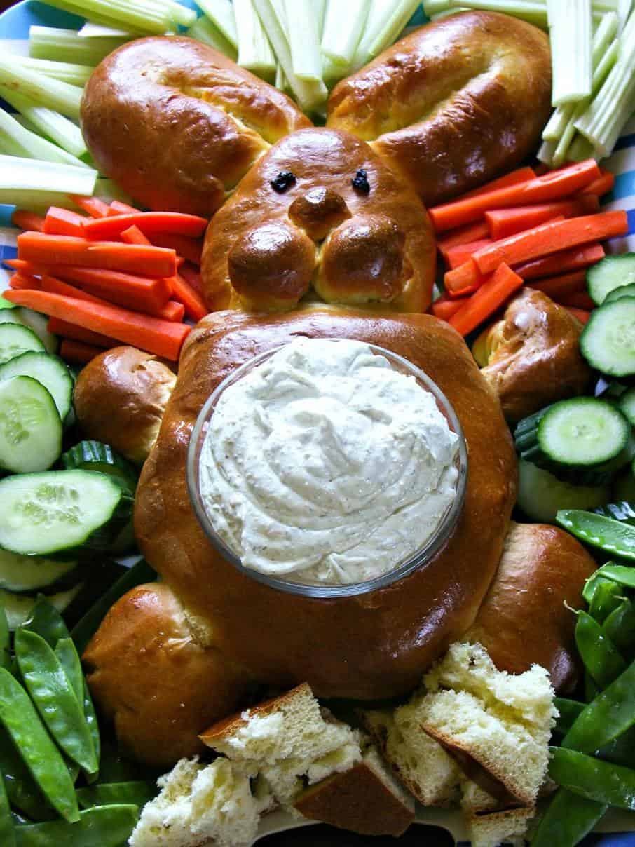 Easter Bunny Bread with dip and vegetables Foodie with Family