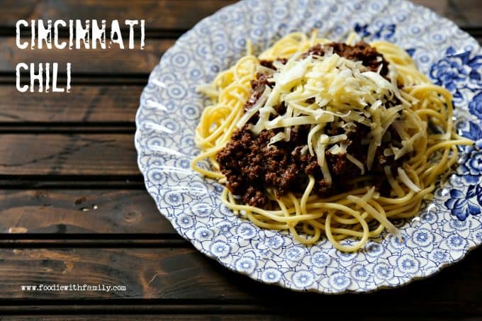 Cincinnati Chili with spaghetti and cheese from foodiewithfamily.com