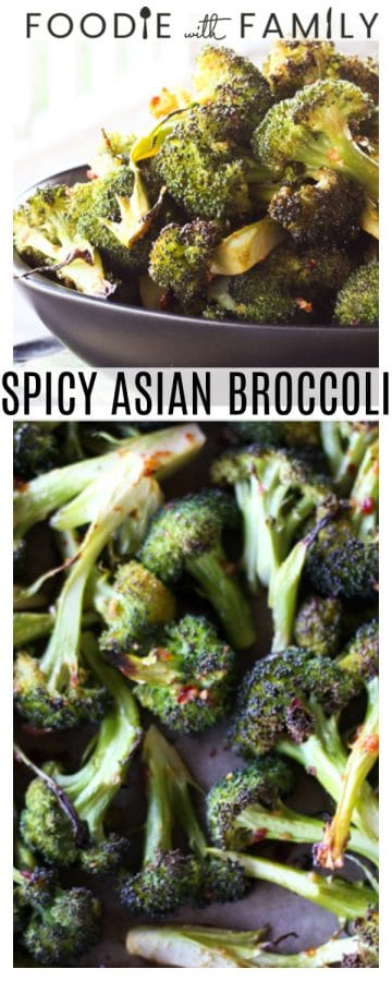 Spicy Asian Broccoli: Long spears of broccoli are tossed with Chinese chile-garlic sauce, minced fresh garlic, sesame oil, a bit of raw sugar and this and that then roasted until crisp-tender. This will beat every white cardboard takeout container of Chinese you can get anywhere without exception.