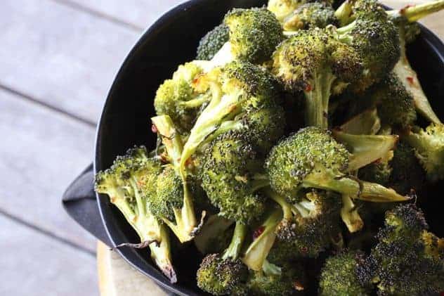 Spicy Asian Broccoli: Long spears of broccoli are tossed with Chinese chile-garlic sauce, minced fresh garlic, sesame oil, a bit of raw sugar and this and that then roasted until crisp-tender. This will beat every white cardboard takeout container of Chinese you can get anywhere without exception.