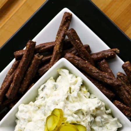 Use Dill Pickle Dip as dip or spread on hamburgers or deli sandwiches for pickle lovers in your life. foodiewithfamily.com