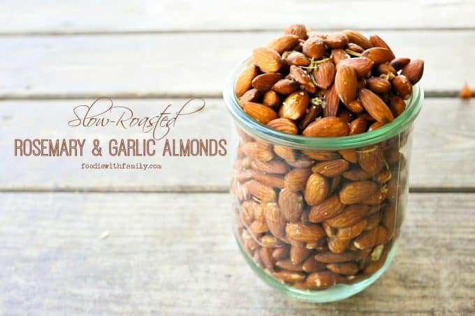 Slow Roasted Rosemary Garlic Almonds are an easy, healthy snack for warm weather months.