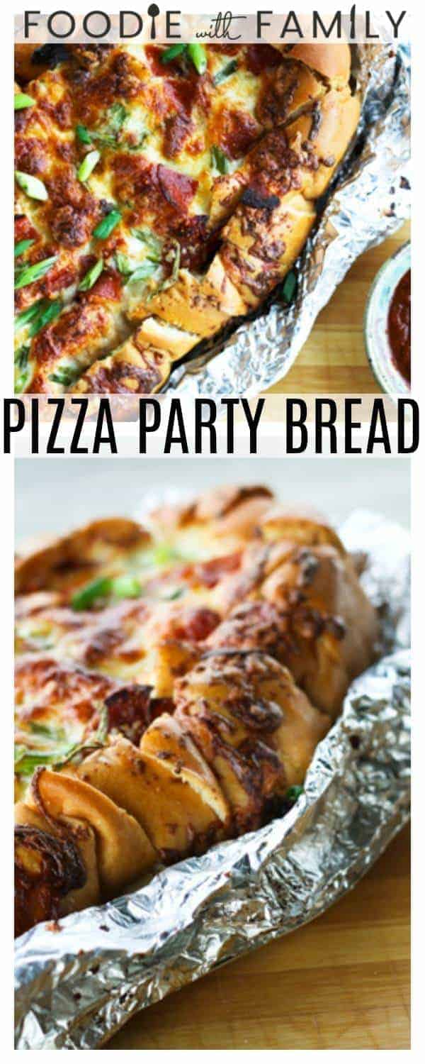 Pizza Party Bread: ooey, gooey, melted mozzarella and crispy pepperoni on buttery garlic bread that is made to be torn apart and shared by friends.