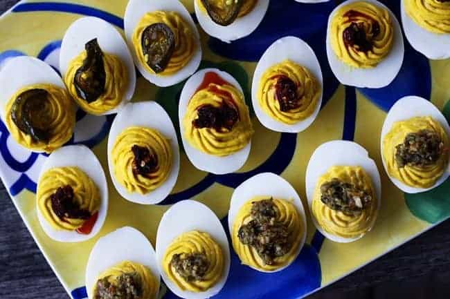 Best Basic Deviled Eggs topped three ways from Foodie with Family