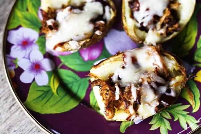 Barbecue Pulled Pork Baked Potato Skins from Foodie with Family