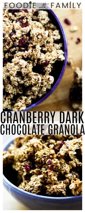 This isn't just any old homemade granola, this is power food! Protein packed by virtue of it's amazing medley of quinoa, millet, amaranth, and rice, this sweet, crunchy Ancient Grains Cranberry Dark Chocolate Granola takes the cake for nutrition AND taste, too. It bakes up nice and clumpy, too, making it an ideal healthy out-of-hand snack! It tastes almost exactly like KIND Cranberry Dark Chocolate Clusters.