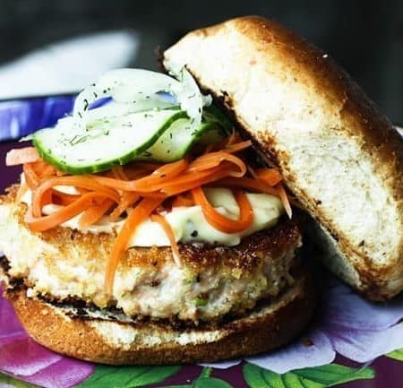 Crunchy, flavourful, Asian Salmon Burgers with a hint of ginger and scallion in them are as easy to make as they are delicious. Topped with a dollop of Wasabi Mayonnaise that can be as mild or as wake-you-up as you wish, and served on a toasted bun or lettuce leaf (for an even more waist-line friendly option) these are a surefire crowd pleaser and a wonderful addition to your Memorial Day fare.