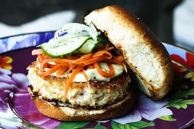 Crunchy, flavourful, Asian Salmon Burgers with a hint of ginger and scallion in them are as easy to make as they are delicious. Topped with a dollop of Wasabi Mayonnaise that can be as mild or as wake-you-up as you wish, and served on a toasted bun or lettuce leaf (for an even more waist-line friendly option) these are a surefire crowd pleaser and a wonderful addition to your Memorial Day fare.