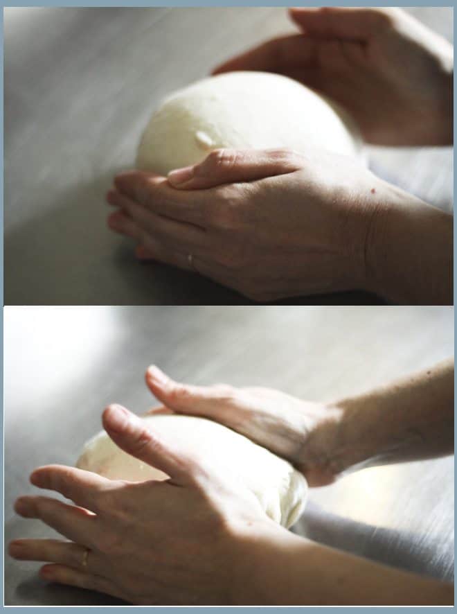 Rolling the dougTightening up the dough for Roasted Garlic Rustic Sourdough Boule by rolling it. | www.foodiewithfamily.com