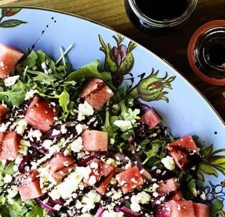 Watermelon, Feta, Arugula Salad with Pickled Red Onions and Balsamic Reduction | www.foodiewithfamily.com