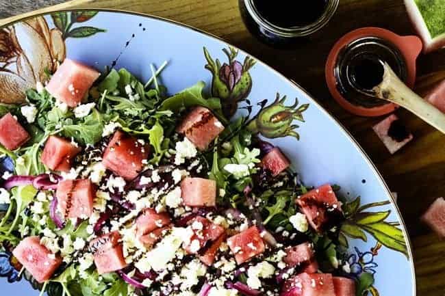 Watermelon, Feta, Arugula Salad with Pickled Red Onions and Balsamic Reduction | www.foodiewithfamily.com