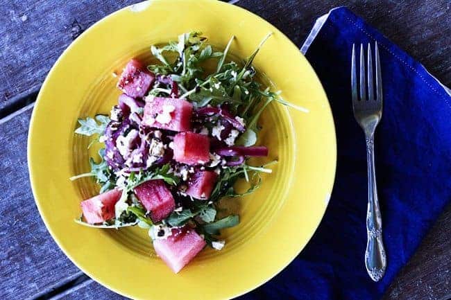 Watermelon, Feta, Arugula Salad with Pickled Red Onions and Balsamic Reduction | www.foodiewithfamily.com