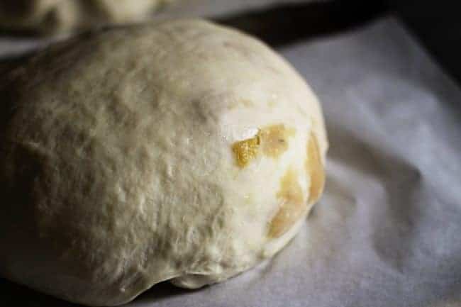 Ball of dough for Roasted Garlic Rustic Sourdough Boule | www.foodiewithfamily.com