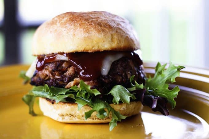 Filthy Burgers: Beef burgers filthied up with loads of pulled pork and crispy bacon in them!