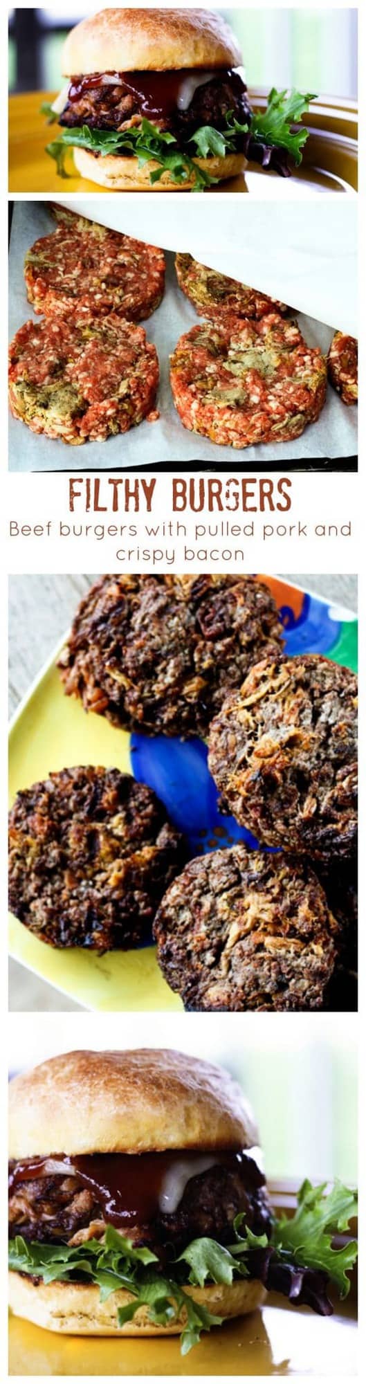 Filthy Burgers: beef burgers laced with pulled pork and crispy bacon.