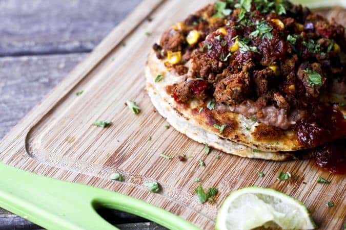 Vegan Double Stack Bean and Meatless Crumble Tostadas | www.foodiewithfamily.com