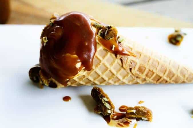 Pumpkin Cheesecake Ice Cream with Salted Caramel and Pepita Brittle | www.foodiewithfamily.com