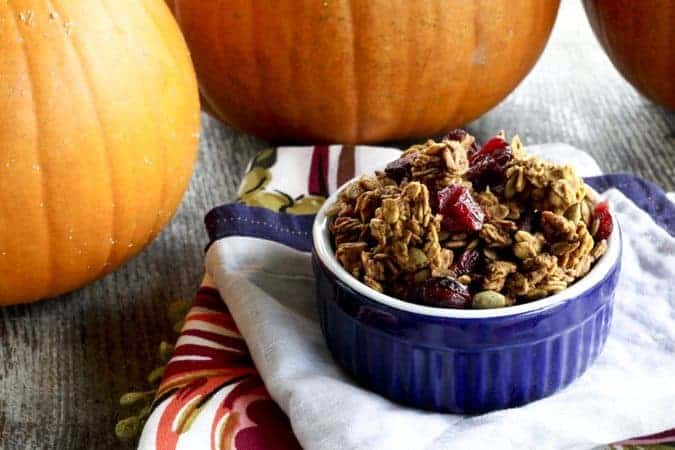 Pretty Excellent But Not Better Than Sex Pumpkin Spice Granola with dried cranberries from www.foodiewithfamily.com for #MakeAheadMondays