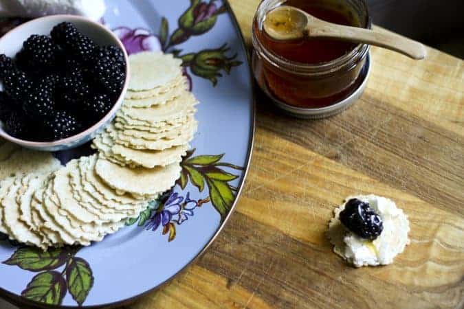 Crisps with Goat Cheese, Blackberries, and Honey at www.foodiewithfamily.com