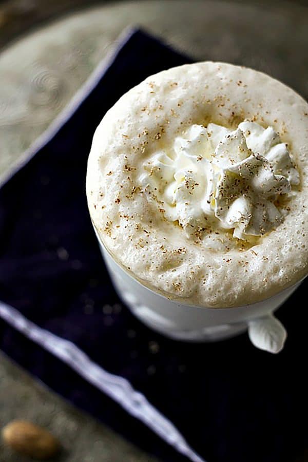 Starbucks knockoff Creamy frothy Eggnog Chai Latte from foodiewithfamily.com
