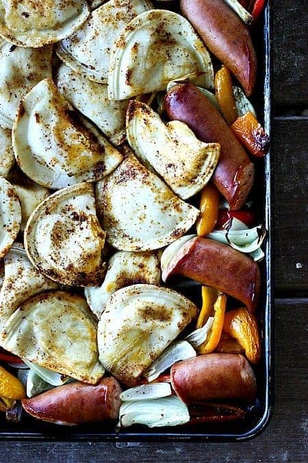 Kielbasa and Pierogie Sheet Pan Meall at www.foodiewithfamily.com