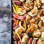 Kielbasa and Pierogies Sheet Pan Meal with juicy roasted kielbasa, crisp tender peppers and onions and puffy, potato filled pierogies.