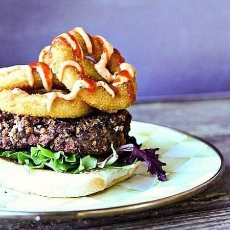 Black Bean burgers vegetarian with roasted sweet potatoes and smoked paprika chipotle sauce