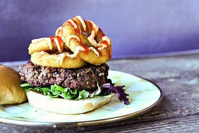 Black Bean burgers vegetarian with roasted sweet potatoes and smoked paprika chipotle sauce