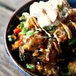 Totchos Supreme {tater tots, chorizo, Cheddar, green onions, bell peppers, smoked paprika chipotle sauce, and sour cream} #Superbowl #Snacks #ComfortFood