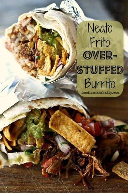 Neato Frito Overstuffed Burrito with pulled pork, guacamole, refried beans, rice, Fritos, cheese, Ranch dressing, and barbecue sauce.  #burritos #foodiewithfamily