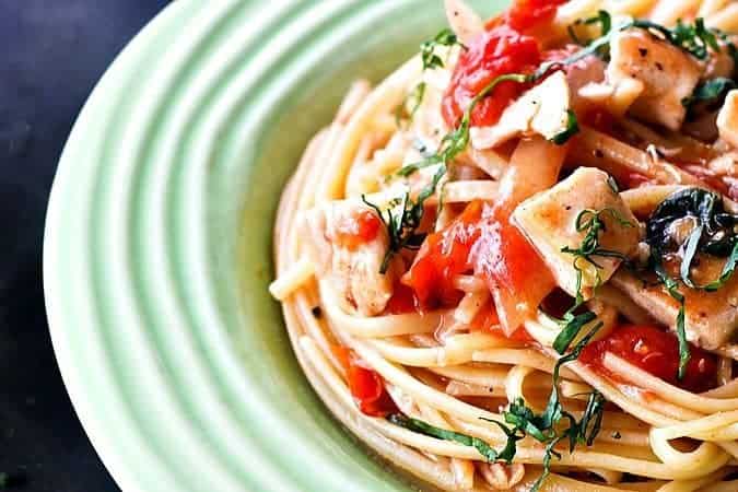 One Pot Lightened Up Chicken Parmesan Pasta #pasta #light foodiewithfamily.com #Healthy