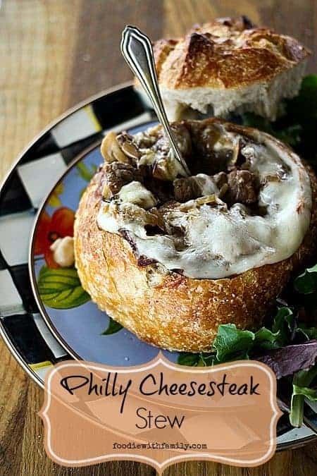 Philly Cheesteak Stew in bread bowls foodiewithfamily.com #ComfortFood #Stew