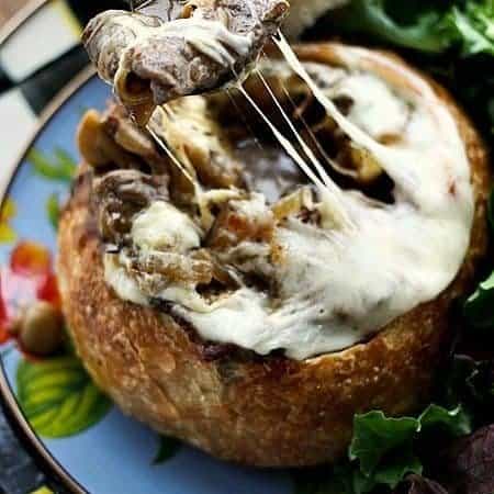 Philly Cheesecake Stew in Sourdough Bread Bowls foodiewithfamily.com #ComfortFood #Stew