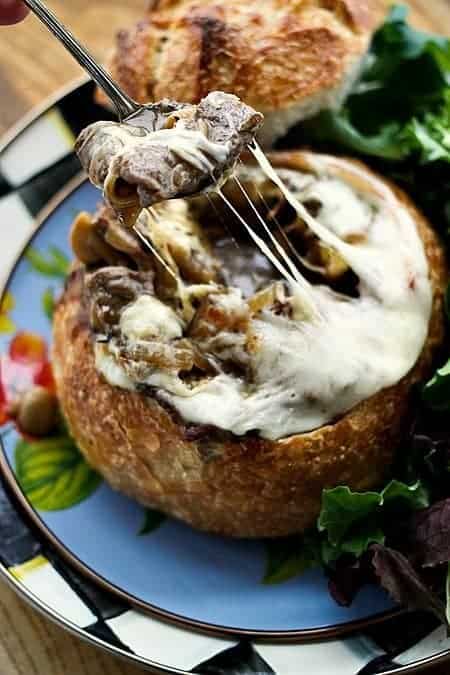 Philly Cheesecake Stew in Sourdough Bread Bowls foodiewithfamily.com #ComfortFood #Stew