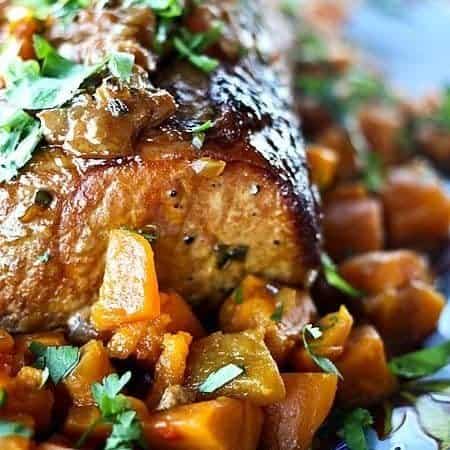 Slow Cooker Peach Salsa Pork with roasted sweet potatoes #SlowCooker #Crockpot