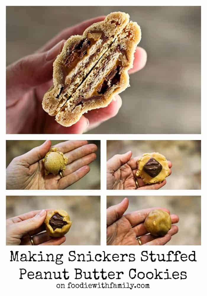 How to make Snickers Stuffed Peanut Butter Cookies #cookies #foodiewithfamily.com