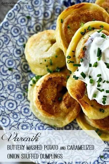 Vareniki {buttery mashed potato and caramelized onion stuffed pierogie style dumplings} with sour cream and chives. foodiewithfamily.com