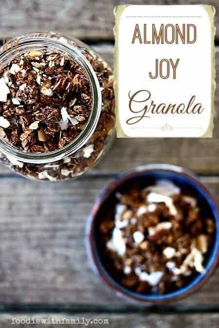 Almond Joy Granola: Chocolate, Almond, & Coconut foodiewithfamily.com #granola #breakfast #healthy