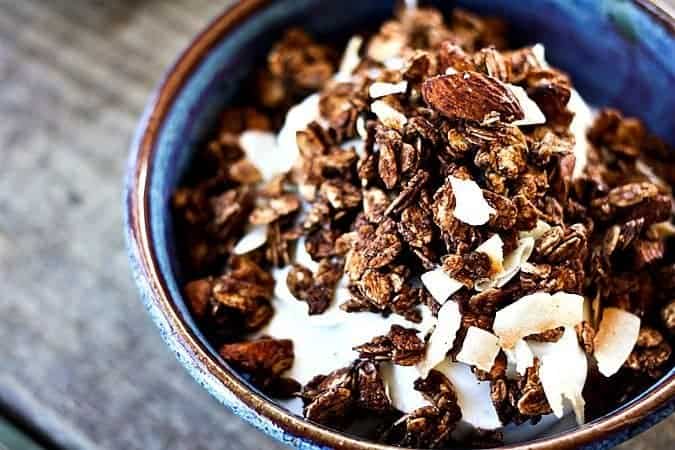 Almond Joy Granola: Chocolate, Almond, & Coconut foodiewithfamily.com #granola #breakfast #healthy